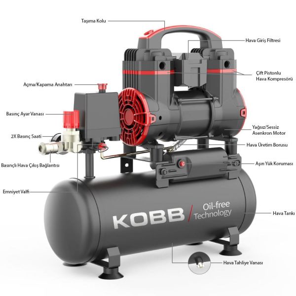 KOBB KBK8S 8 Lt.Yağsız Sessiz Taşınabilir Hava Kompresörü 1.2HP-8Bar