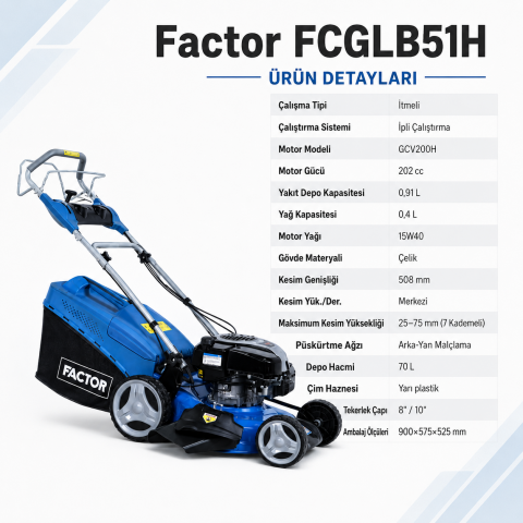 Factor FCGLB51H Honda Motorlu Benzinli Çim Biçme Makinesi 51 cm - 70 Litre Hazne İtmeli