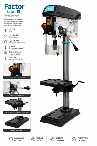 Factor M20H Sanayi Tipi Sütunlu Matkap Tezgâhı – 550 W, 20 mm Delme Profesyonel