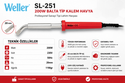 Weller SL251 200W Balta Tip Kalem Havya 20 mm | Profesyonel Sanayi Tipi Lehim Havyası