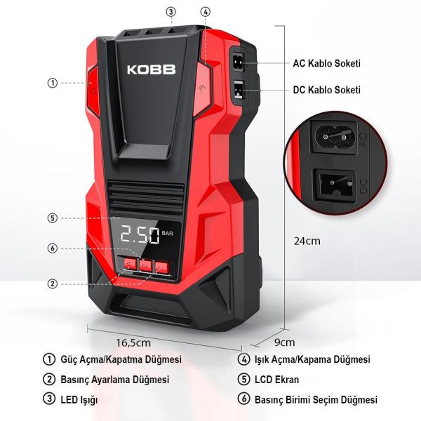 KOBB KB220 Dijital Basınç Göstergeli Lastik Şişirme Pompası 12Volt/220Volt 150 PSI