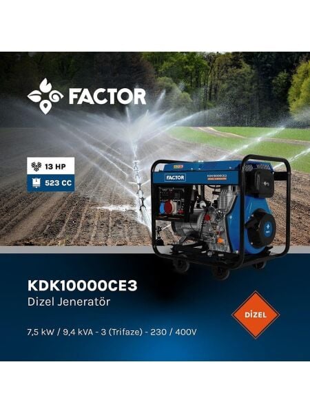 Factor KDK10000CE 9.4 kVA Dizel Jeneratör – Monofaze, Marşlı & İpli Çalıştırma