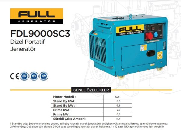 Full FDL9000SC3 Dizel Jeneratör 8,5 kVA Marşlı Trifaze