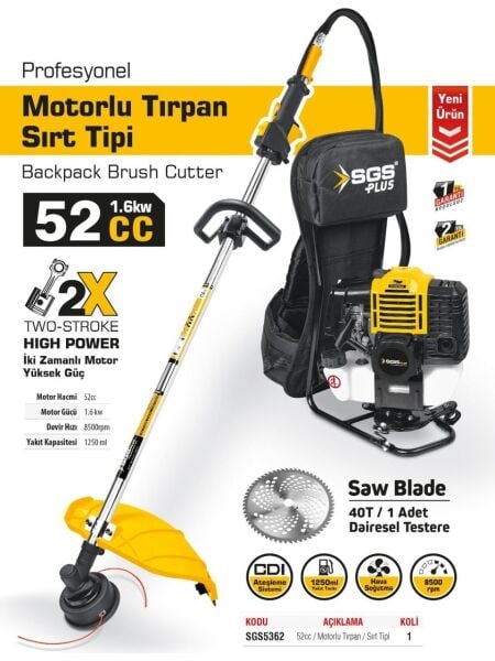 SGS SGS5362 Profesyonle Benzinli Sırt Tırpan 52cc / 1,6 kw