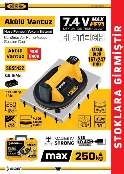 SGS 5422 Hi-Tech Hava Pompalı Akülü Vantuz 7,4V/2,0 Ah - 250 kg