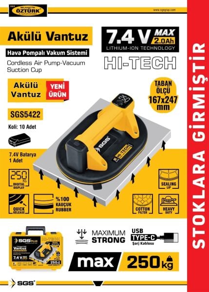 SGS 5422 Hi-Tech Hava Pompalı Akülü Vantuz 7,4V/2,0 Ah - 250 kg