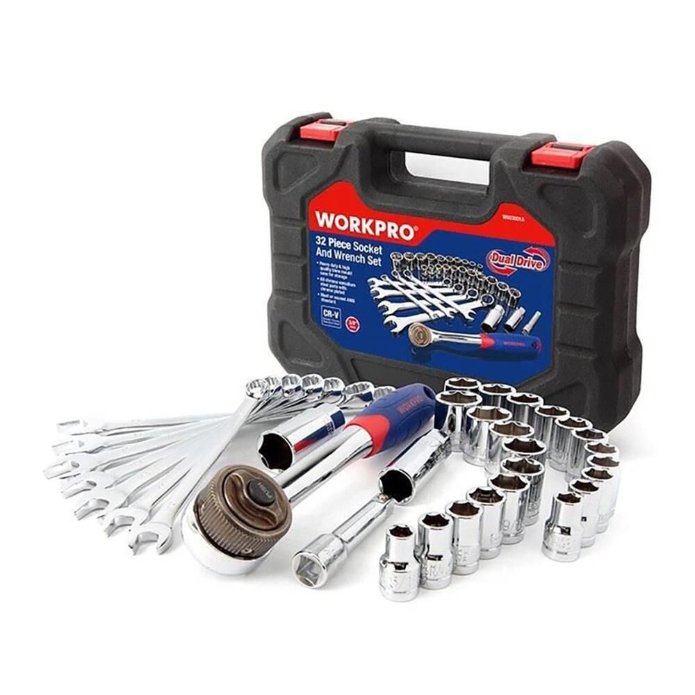WORKPRO WP202528 3/8’’ Lokma ve Kombine Anahtar Takımı | 32 Parça Metrik/İnç Cr-V Profesyonel