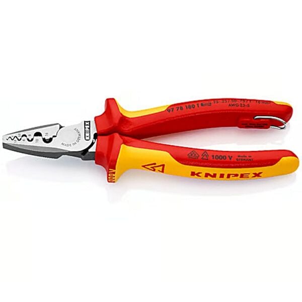 KNIPEX 9778180T İzole Kablo Yüksüğü Sıkma Pensesi 180 mm – Profesyonel Kablo Uç Sıkma Pensi