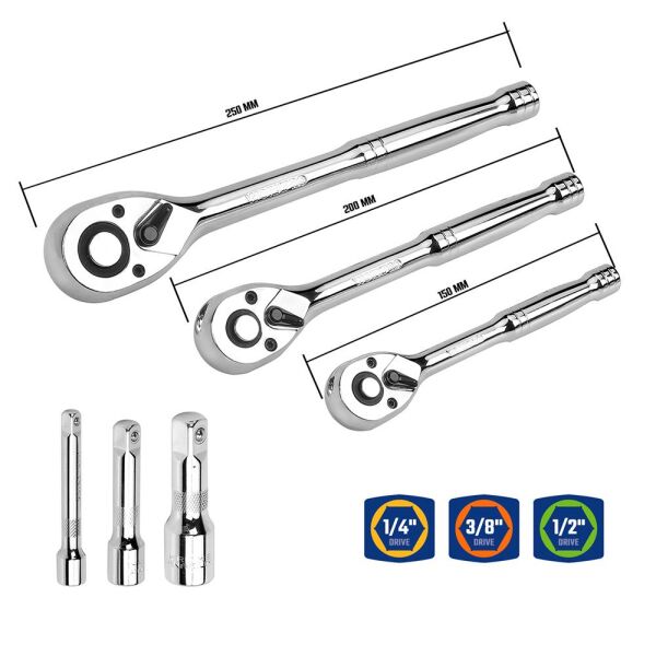 WORKPRO WP202530 Lokma ve Kombine Anahtar Takımı Metrik / İnch 164 Parça | 1/4'' 3/8'' 1/2'' Cr-V