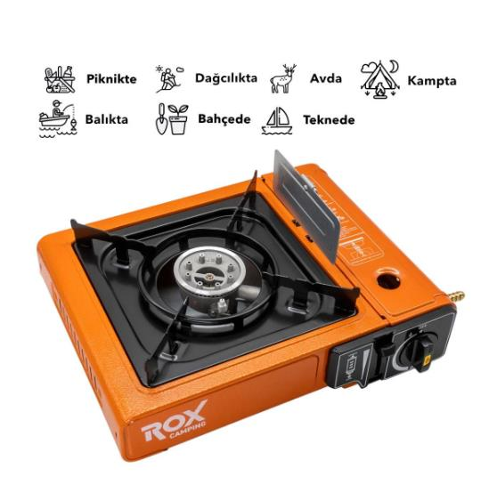 Rox Camping 0189 Tekli Portatif Kamp Ocak - Turuncu, Rüzgarlıklı, Ekstra Gaz Girişli