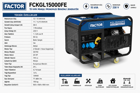 Factor FCKGL15000FE 15 kVA Marşlı Monofaze Marşlı Benzinli Jeneratör | Profesyonel Güç Jeneratörü