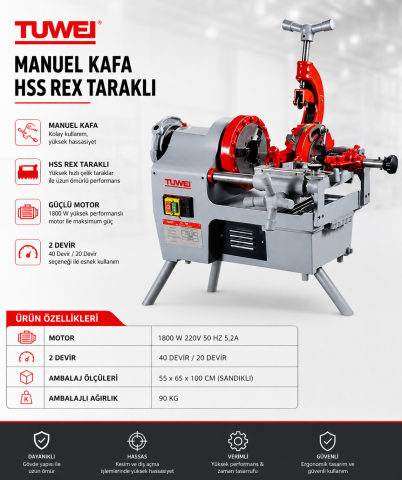 Tuwei  TWT-1T50B Tezgah Tipi Boru Paftası Manuel Kafa 1/2''-2''