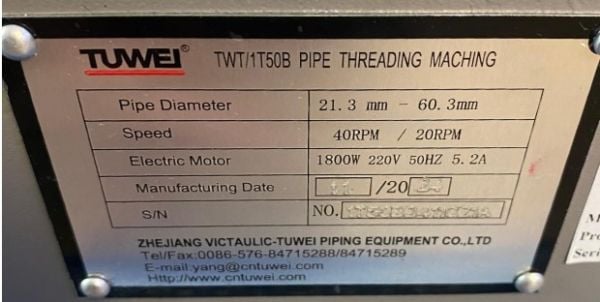 Tuwei  TWT-1T50B Tezgah Tipi Boru Paftası Manuel Kafa 1/2''-2''