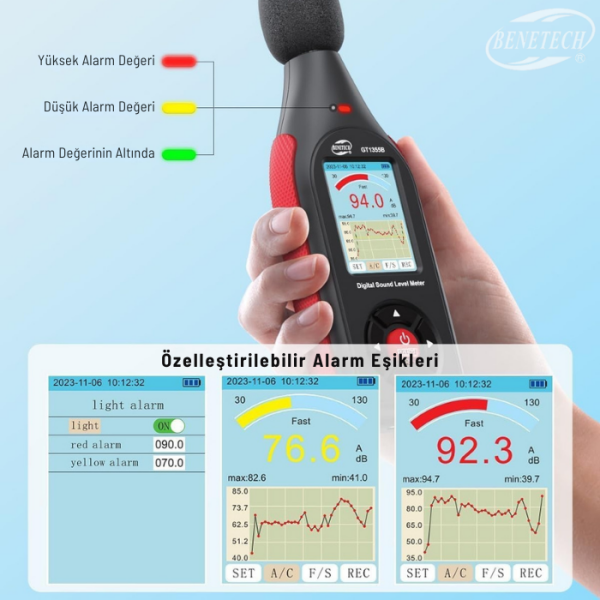 Benetech GT1355B Kayıt Yapabilen Ses Ölçer 30–130 dB | Renkli Ekranlı, Şarjlı Profesyonel Desibel Ölçer