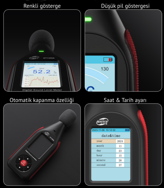 Benetech GT1355B Kayıt Yapabilen Ses Ölçer 30–130 dB | Renkli Ekranlı, Şarjlı Profesyonel Desibel Ölçer