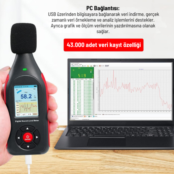 Benetech GT1355B Kayıt Yapabilen Ses Ölçer 30–130 dB | Renkli Ekranlı, Şarjlı Profesyonel Desibel Ölçer