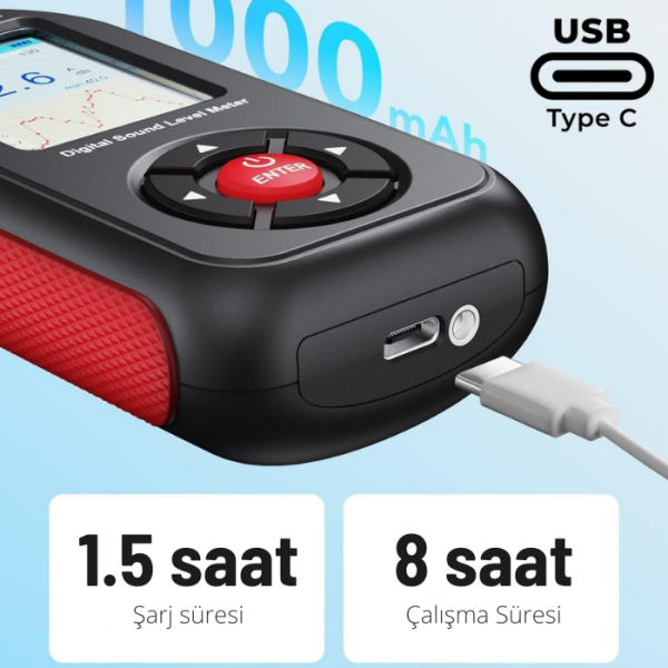 Benetech GT1355B Kayıt Yapabilen Ses Ölçer 30–130 dB | Renkli Ekranlı, Şarjlı Profesyonel Desibel Ölçer