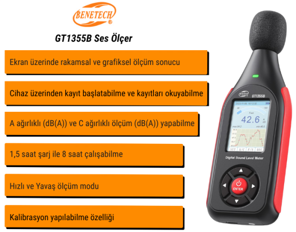Benetech GT1355B Kayıt Yapabilen Ses Ölçer 30–130 dB | Renkli Ekranlı, Şarjlı Profesyonel Desibel Ölçer
