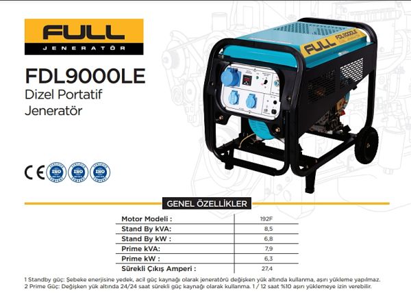 Full FDL9000LE Dizel Jeneratör 8,5 kVA İpli/Marşlı Monofaze