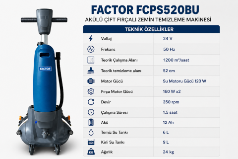 Factor FCPS520BU Akülü Çift Fırçalı Zemin Temizleme Makinesi | 52 cm 9 L Profesyonel Yer Yıkama Makinesi