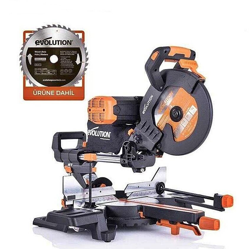 Evolution R255SMS-DB+ Kızaklı Gönye Testere 255 mm – Çift Eğimli, 2000 W, 2600 Dev/Dak