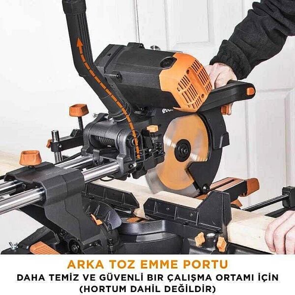 Evolution R255SMS-DB+ Kızaklı Gönye Testere 255 mm – Çift Eğimli, 2000 W, 2600 Dev/Dak
