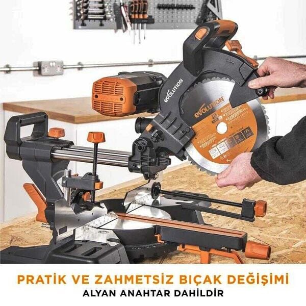 Evolution R255SMS-DB+ Kızaklı Gönye Testere 255 mm – Çift Eğimli, 2000 W, 2600 Dev/Dak