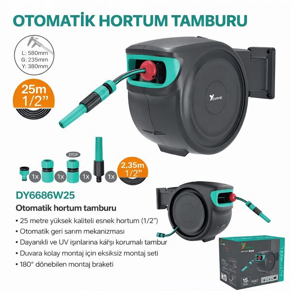 Daye 6686W25 Otomatik Hortum Tamburu 25 m | 1/2” Duvar Tipi Bahçe Hortum Sarma