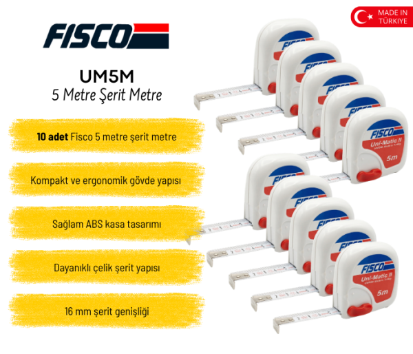 Fisco Uni-Matic II UM5M 5 Metre Şerit Metre 10’lu Paket – Profesyonel Çelik Ölçü Metresi