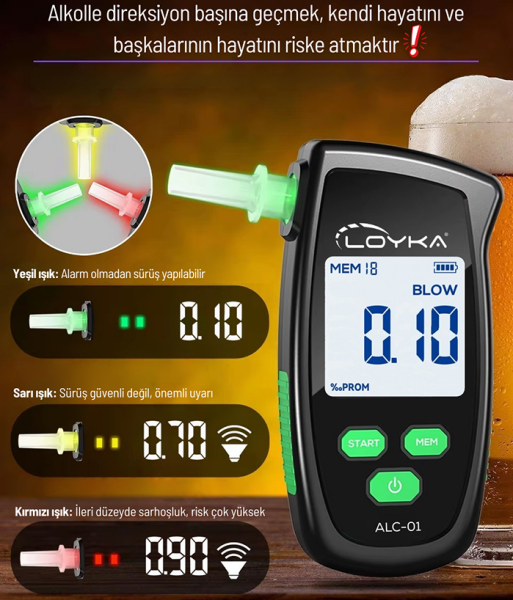 Loyka ALC-01 Üflemeli Dijital Alkol Metresi 0–2.00 ‰PROM | Profesyonel, Sesli Uyarılı, Hızlı Ölçüm