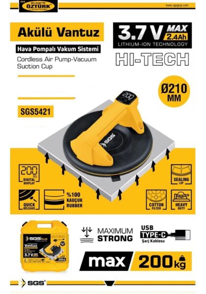 SGS 5421 Hi-Tech Hava Pompalı Akülü Vantuz 3.7V 2.4 Ah- 200 kg