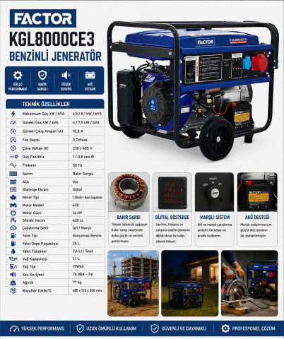 Factor KGL8000CE3 8,1 kVA Trifaze Benzinli Jeneratör – Marşlı & İpli Profesyonel Güç Kaynağı