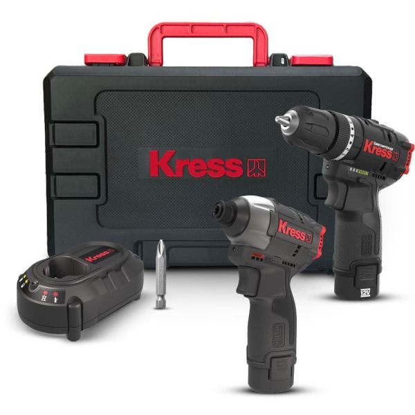 Kress KUG02 Çift Akülü Şarjlı Darbeli Matkap 12Volt/2.0Ah + Kömürsüz Darbeli Tornavida Set