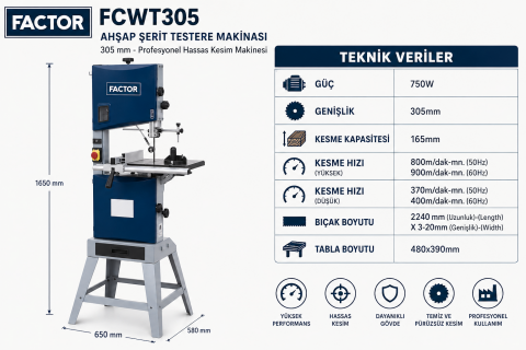 Factor FCWT305 Ahşap Şerit Testere Makinası 305 mm - Profesyonel Hassas Kesim Makinesi