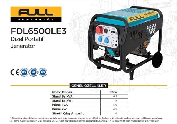 Full FDL6500LE3 Dizel Jeneratör 6,2 kVA İpli/Marşlı Trifaze