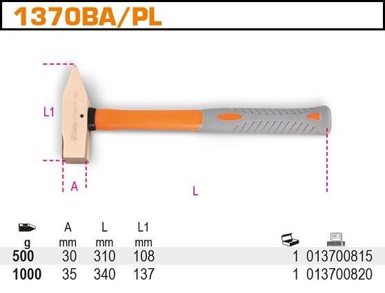 Beta 1370BA/PL Fiber Saplı Kıvılcım Çıkarmayan Çekiç 1000 gr.