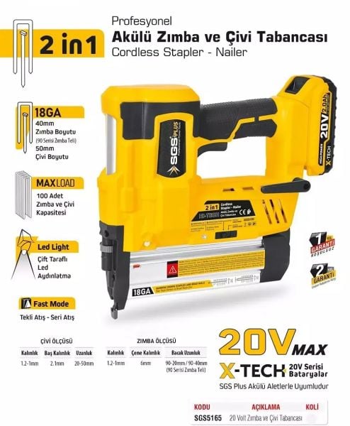SGS 5165 Hi-Tech 20V 4,0Ah Şarjlı Zımba 40 mm Çivi 20-50 mm Tabanca Set