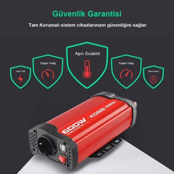 KOBB KBN600 12V/220V 600W Modifiye Sinüs Dönüştürücü İnvertör – Araç İçi Elektrik Dönüştürücü, USB Çıkışlı