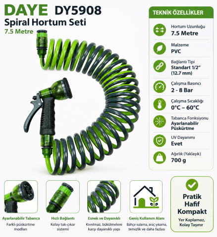Daye DY5908 Spiral Hortum Seti 7.5 metre