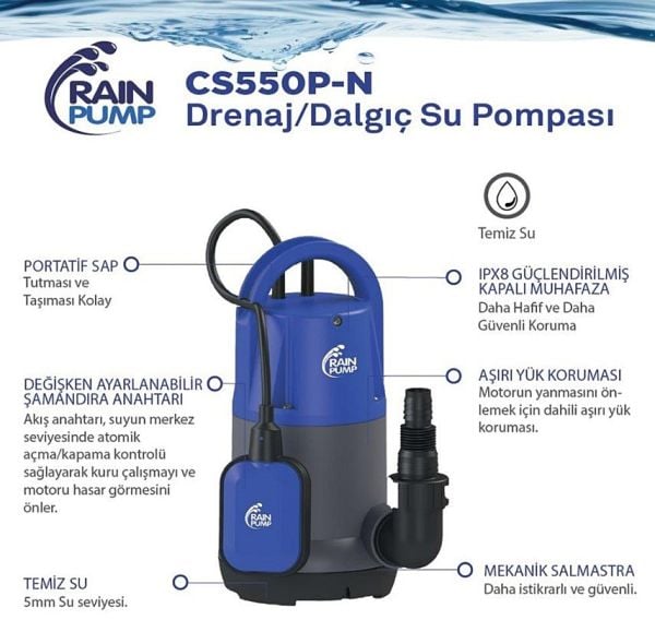 Rain Pump CS550P-N Plastik Gövdeli Temiz Su  Drenaj Pompası 550 W