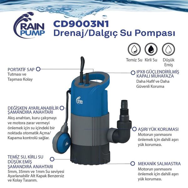 Rain Pump CD9003N1 Drenaj Dalgıç Su Pompası 900 W
