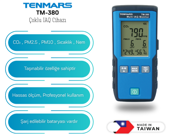 Tenmars TM-380 Çoklu IAQ İzleme Cihazı Partikül, Karbondioksit, Sıcaklık, Nem