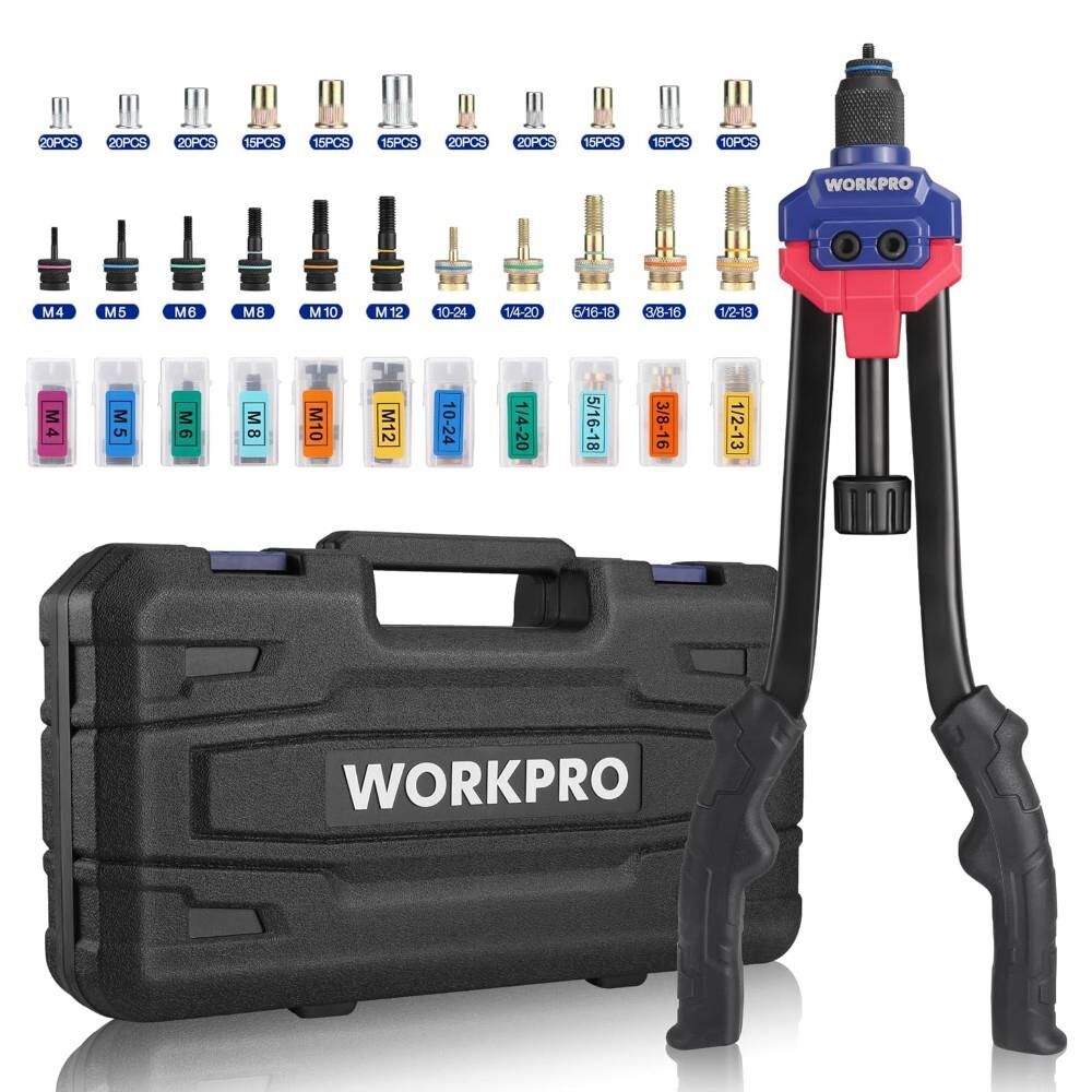 WORKPRO WP200532 400 mm Ağır Hizmet Kollu Somun Perçinleme Tabancası + 185 Parça Somun Perçin Seti