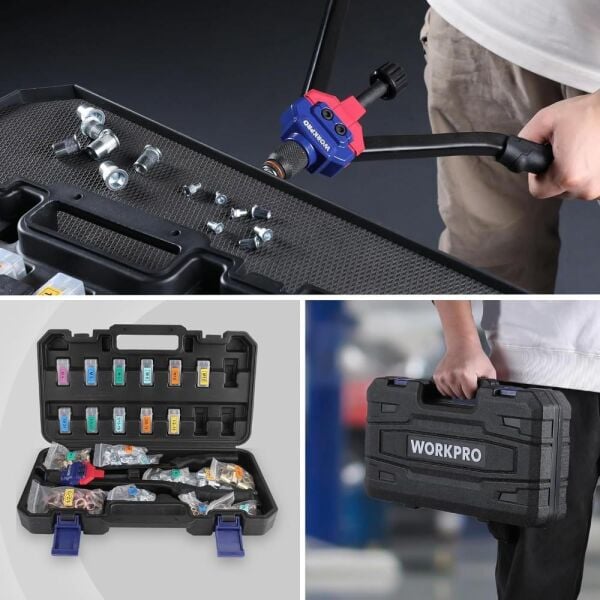 WORKPRO WP200532 400 mm Ağır Hizmet Kollu Somun Perçinleme Tabancası + 185 Parça Somun Perçin Seti