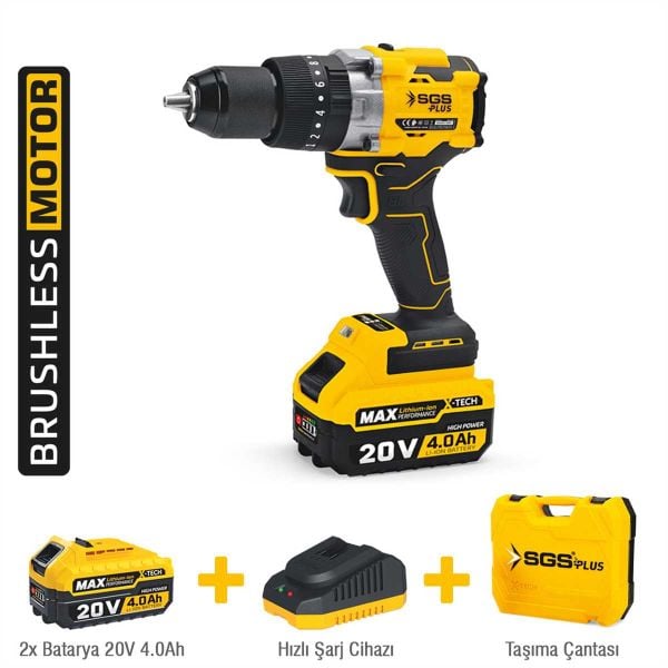 SGS SGS5533 Çift Akülü Kömürsüz Motor Şarjlı Darbeli Matkap Seti 20 V-130 Nm-2x4.0Ah