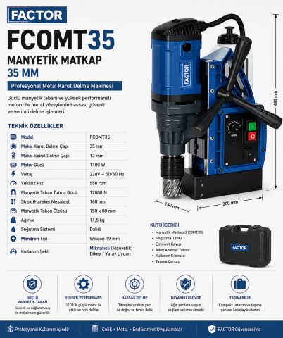 Factor FCOMT35 35 mm Manyetik Matkap | Profesyonel Metal Karot Delme Makinesi