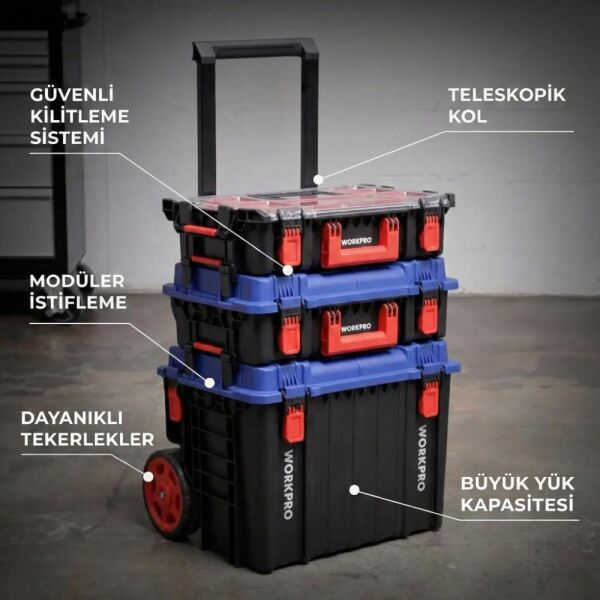 WORKPRO WP283032 Tekerlekli Profesyonel Takım Çantası 54 Lt – 56x44,2x50 cm Kilitli Büyük Boy