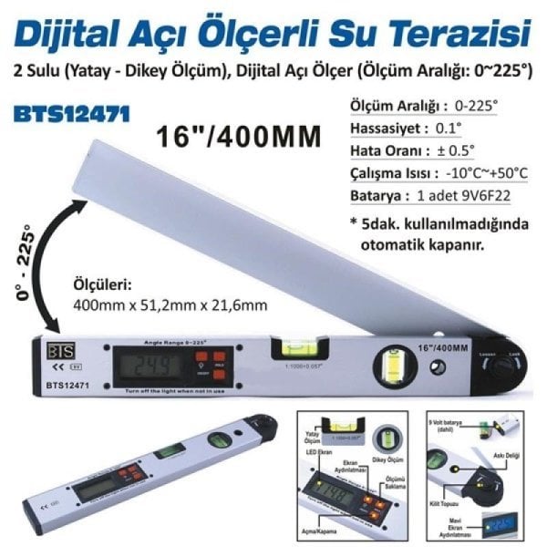 BTS BTS-12471 Dijital Açı Ölçerli Su Terazisi