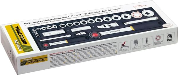 Proxxon 23020 Cırcırlı Kollu 27 Parçalı Lokma ve Bits Takımı 1/4'' ve 1/2''