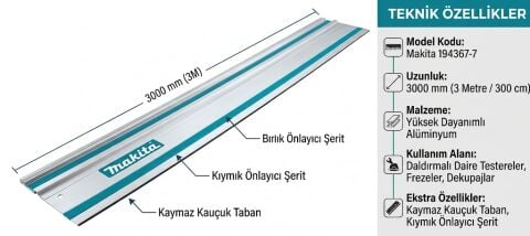 Makita 194367-7 Kılavuz Rayı 3 Metre (300 cm) – Hassas Kesim ve Mükemmel Hizalama Rayı